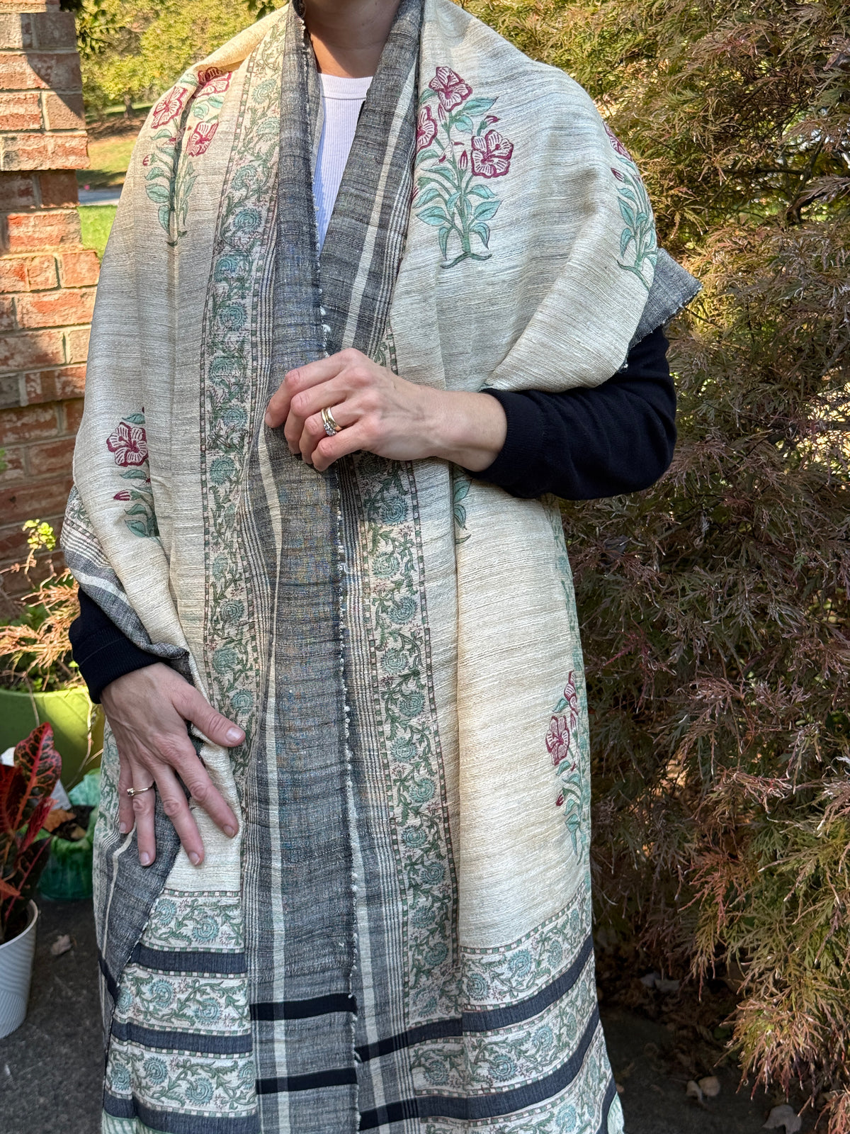 Raw Silk Block Printed Shawl - Lily