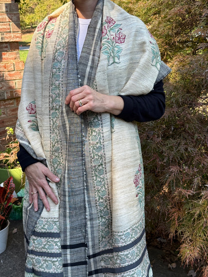 Raw Silk Block Printed Shawl - Lily