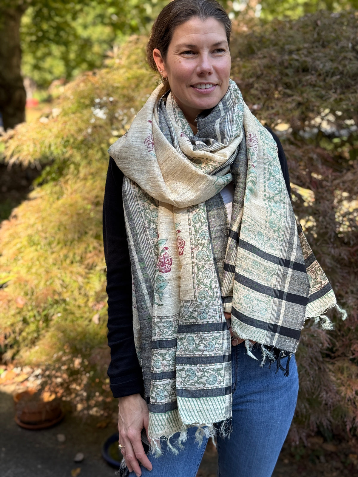 Raw Silk Block Printed Shawl - Lily
