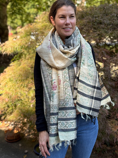 Raw Silk Block Printed Shawl - Lily
