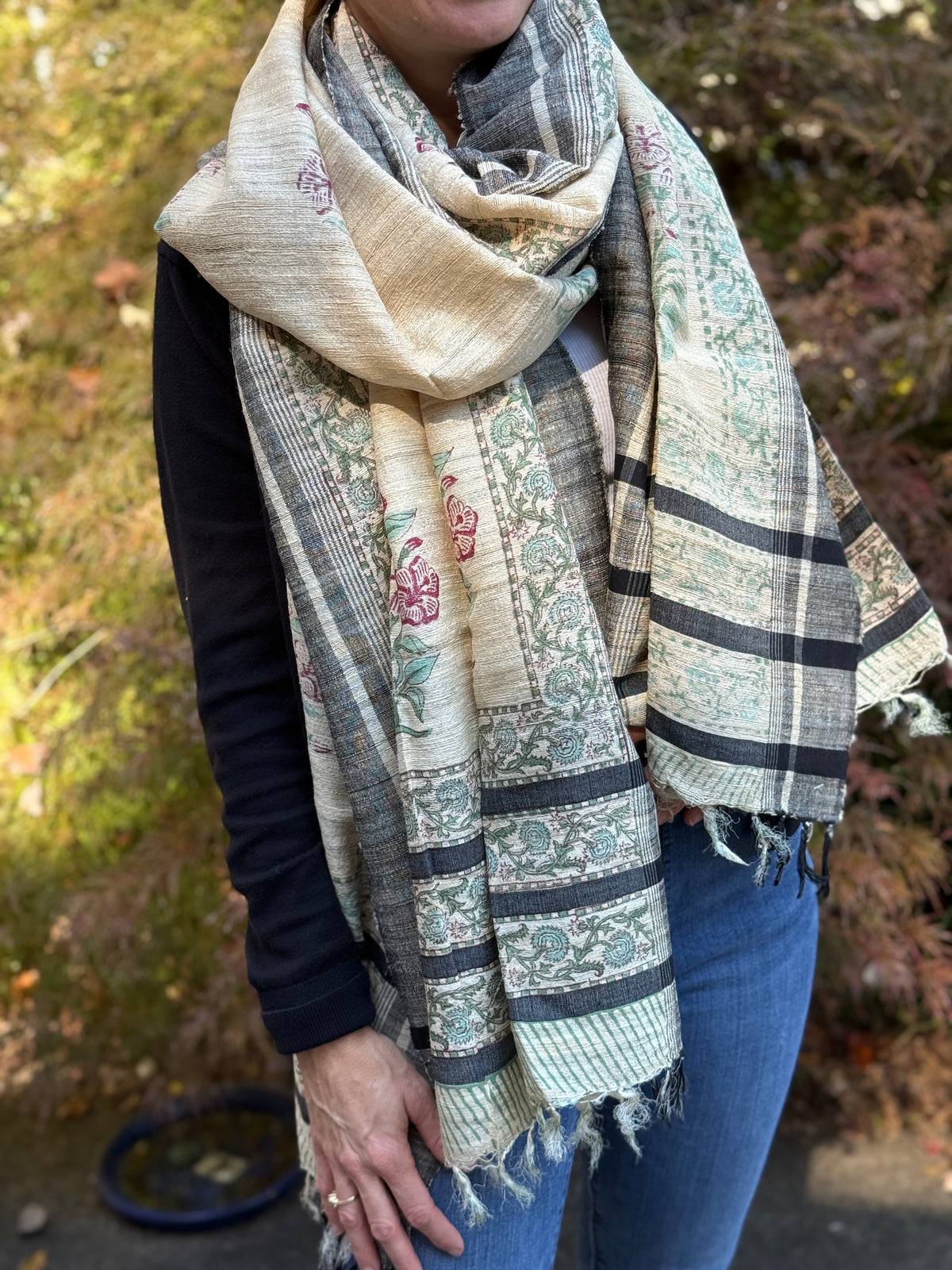 Raw Silk Block Printed Shawl - Lily