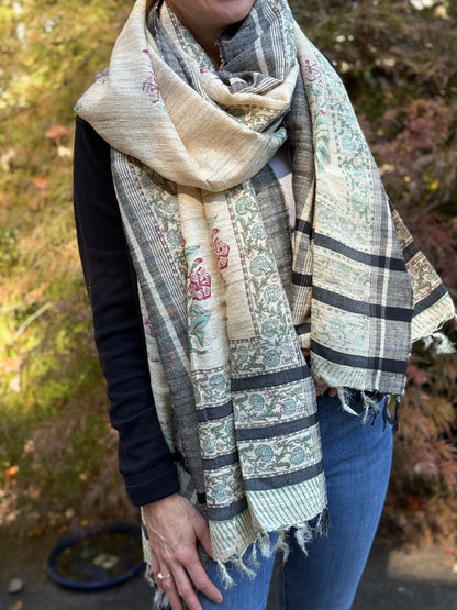 Raw Silk Block Printed Shawl - Lily