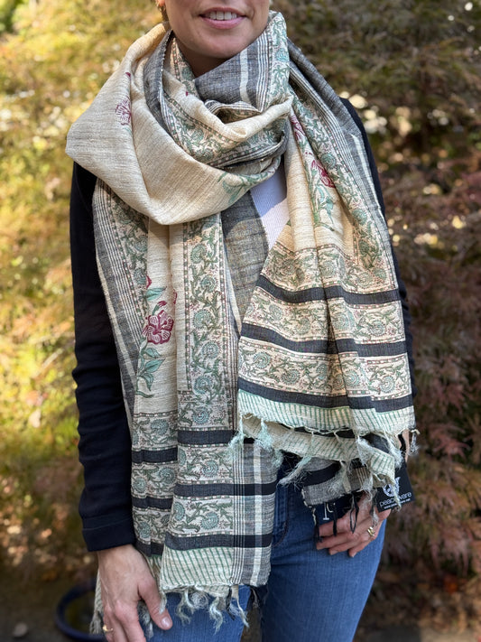 Raw Silk Block Printed Shawl - Lily