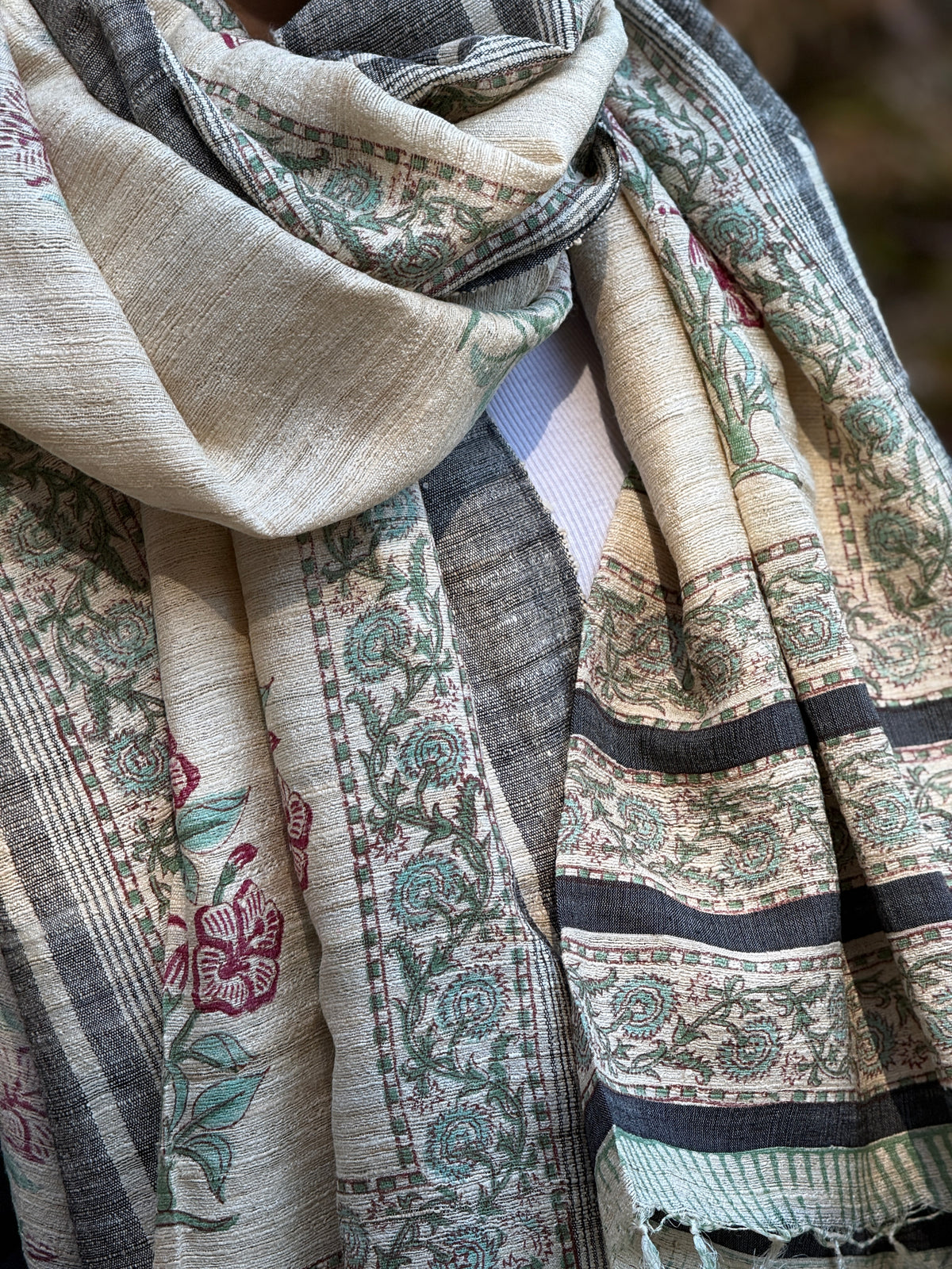 Raw Silk Block Printed Shawl - Lily