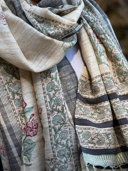 Raw Silk Block Printed Shawl - Lily