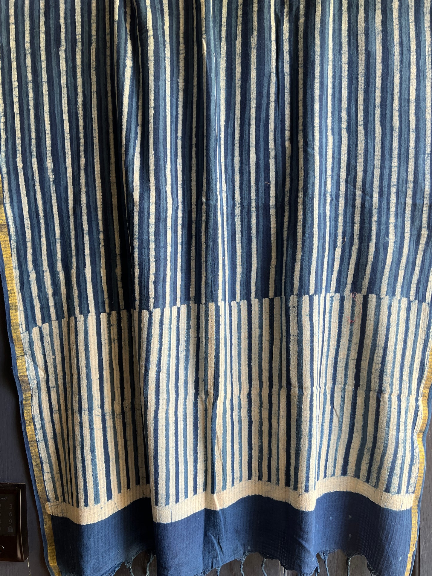 Shawl - Indigo Painted Stripe (with gold trim)