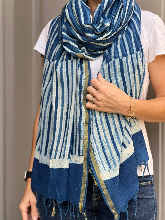 Shawl - Indigo Painted Stripe (with gold trim)