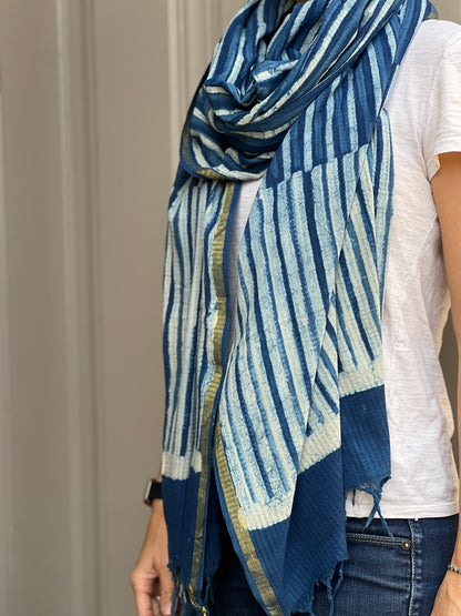 Shawl - Indigo Painted Stripe (with gold trim)