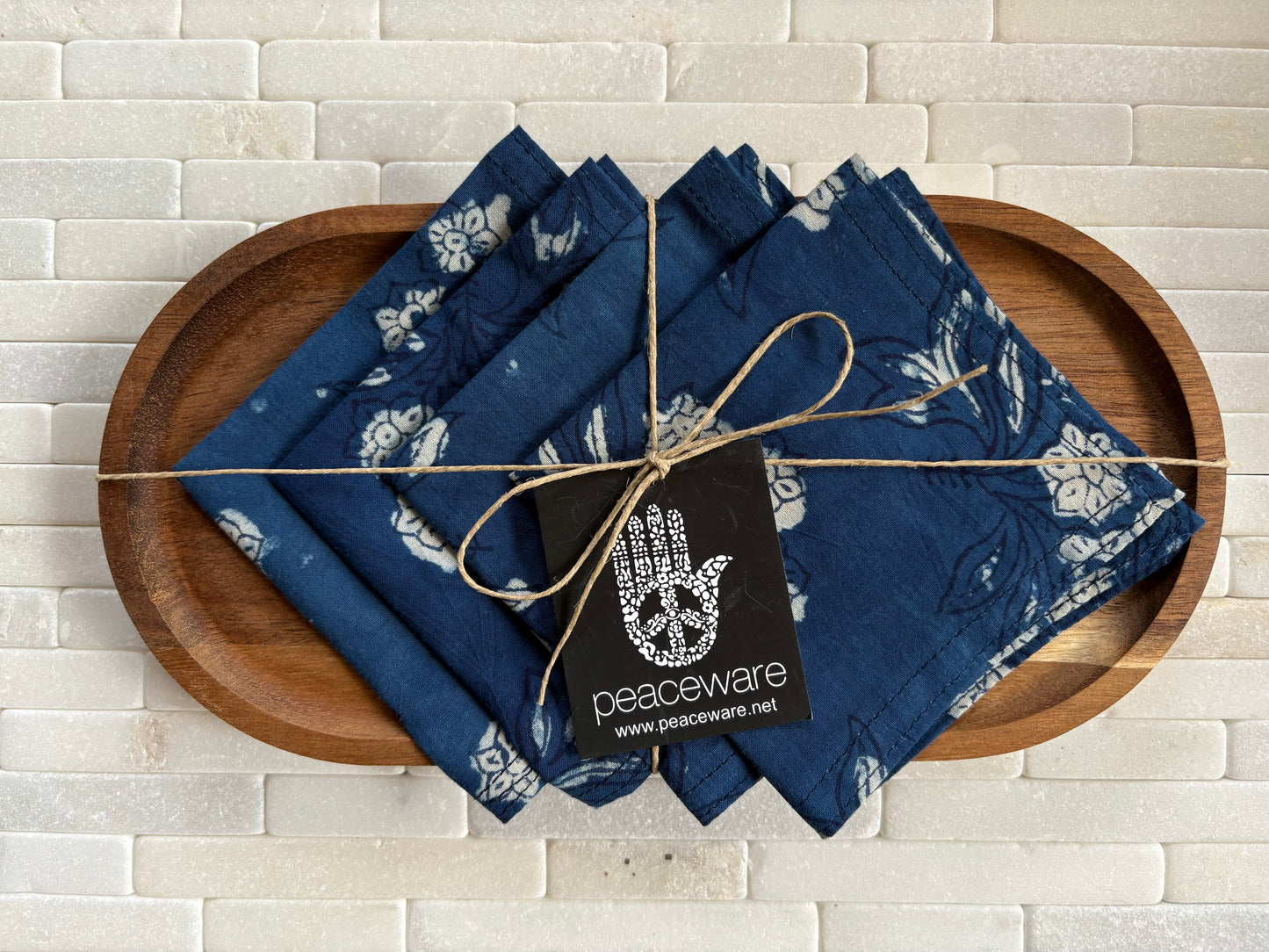 Cotton Cocktail Napkins with Acacia Wood Tray - Midnight Bloom (Set of 4)