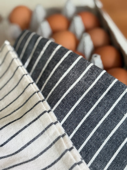 Tea Towel, Organic Cotton - Charcoal & Cream Stripe (Set of 2 Contrasting Towels)