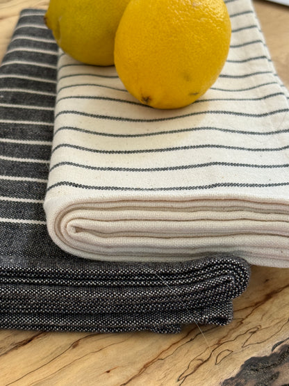 Tea Towel, Organic Cotton - Charcoal & Cream Stripe (Set of 2 Contrasting Towels)