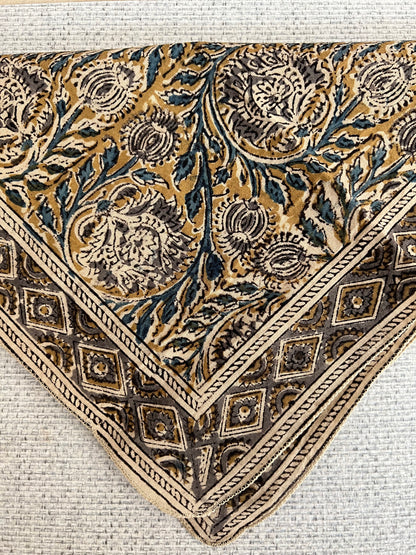 Bandana, Flax and Indigo Kalamkari Print