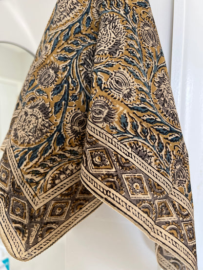 Bandana, Flax and Indigo Kalamkari Print