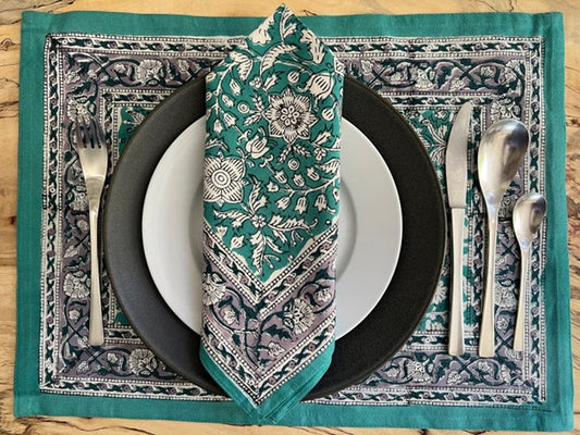 Table Mat and Napkin Set - Jade with Jasmine Blooms