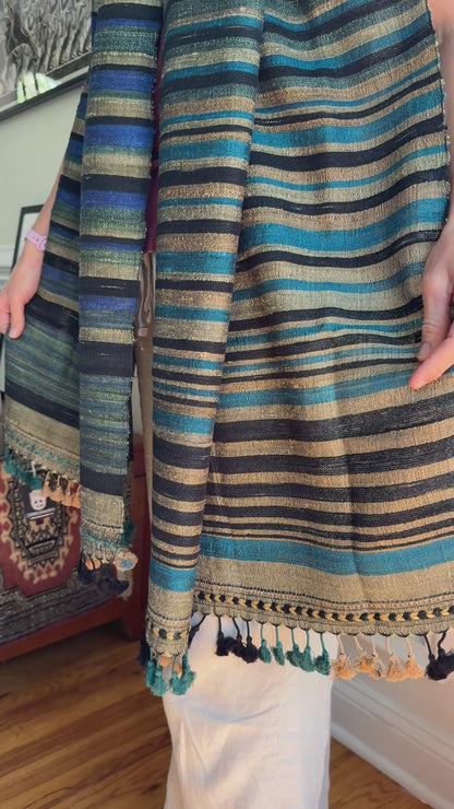 Raw Silk and Khadi Shawl - Cerulean, Moss and Stone