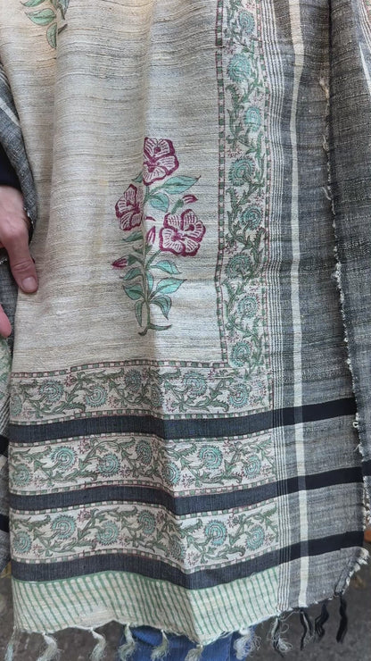 Raw Silk Block Printed Shawl - Lily