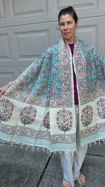 Raw Silk Block Printed Shawl - Camellia