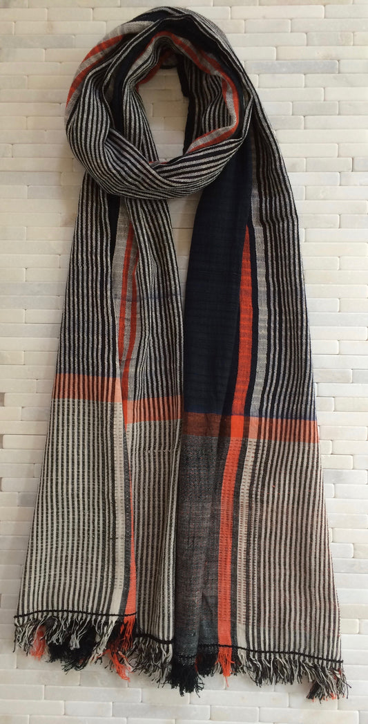 Graphic Black, White and Orange Striped Cotton Stole