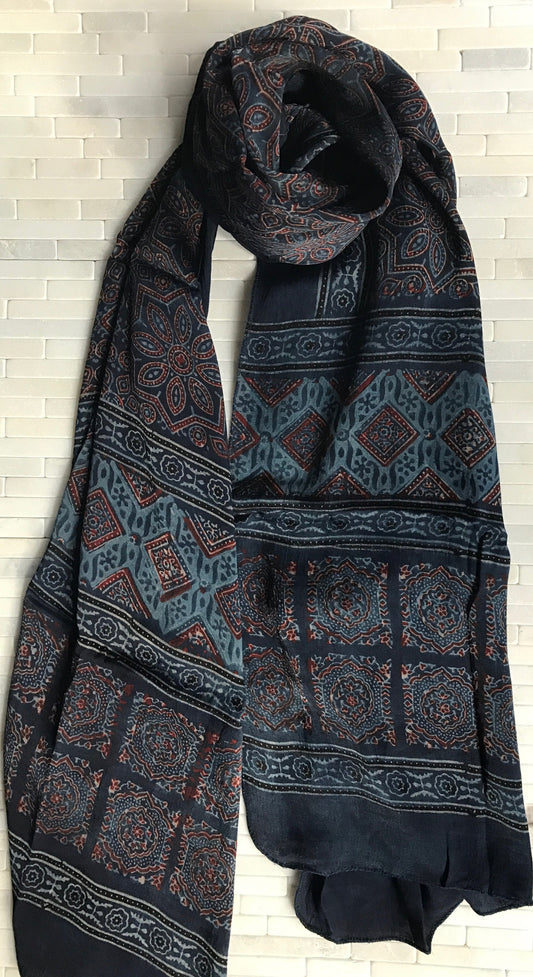 Indigo Ajrak printed Satin Stole