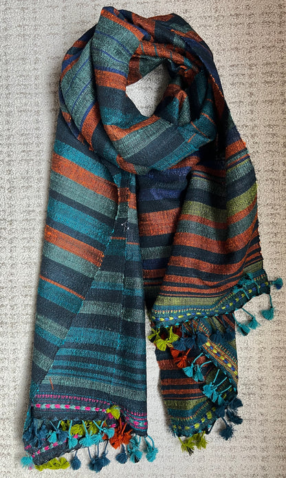 Handwoven Silk Tussar Stole, Ocean Spice