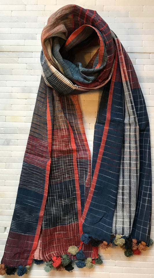 Indigo/ Rust Handwoven Organic Cotton Stole